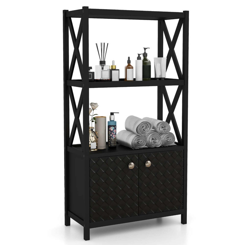 Bathroom Storage Cabinet With Open Shelves & Double Doors Modern Storage Organizer, Black