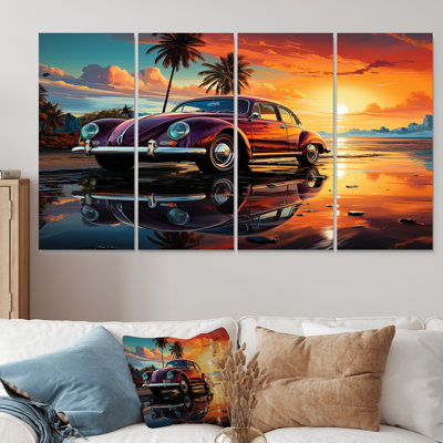 Orange And Pink Classic American Car On The Beach I - Car Old American 4 Piece Wall Art Set
