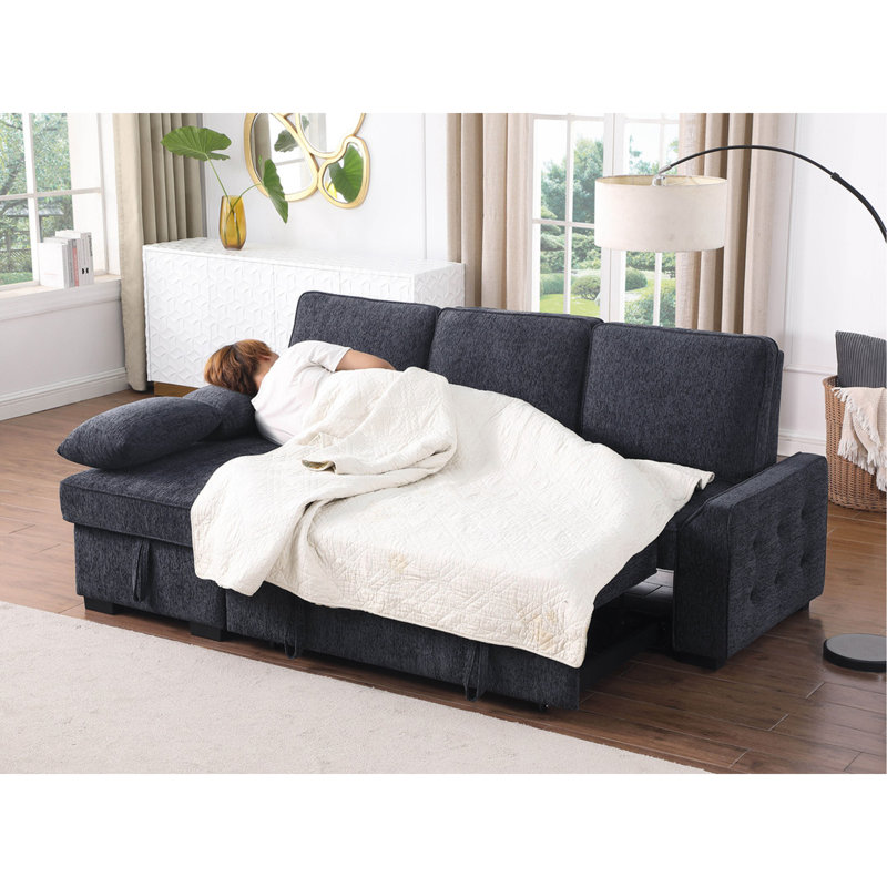 Canapé-lit modulaire réversible en chenille avec méridienne de rangement, table rabattable, porte-gobelets et ports de chargement