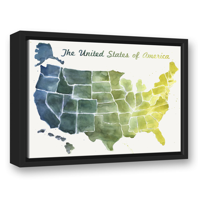 « united states map », reproduction de peinture à l’aquarelle sur toile, Cadre noir, H 12 po x l 16 po x P 1,25 po