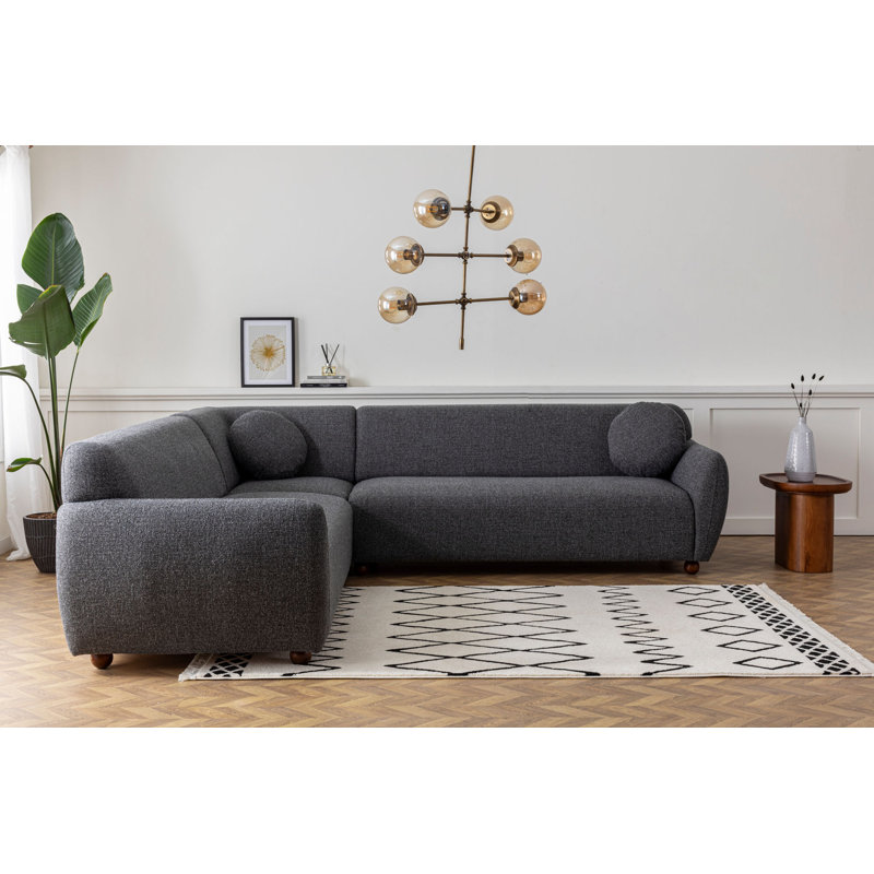 Stylish Corner Sofa with Beech Wood Frame & Walnut Legs, Dark Grey Fabric | 110.2 x 110.2 x 33.9 inches | 100% Polyester, 2 Dry-Cleanable Pillows Included | Premium Comfort: 8 cm Foam & 5 cm Feather Cushions for Cozy Seating