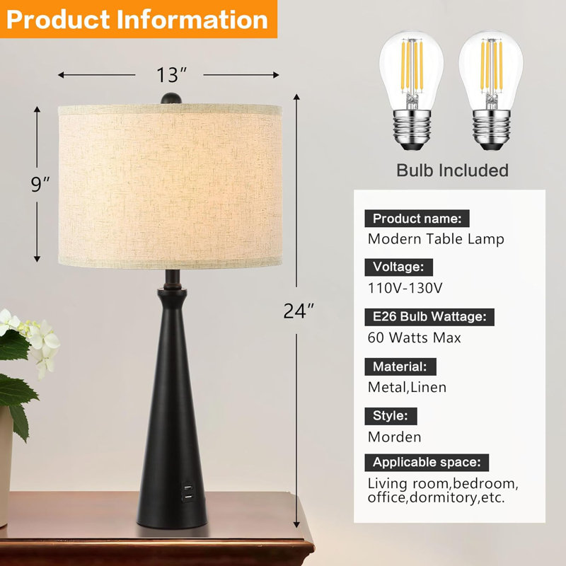 Modern Table Lamp Set Of 2 For Bedroom Nightstand Or Living Room End Table, Minimalist Design With E26 Socket Base, Energy Efficient Lighting For Reading And Relaxing
