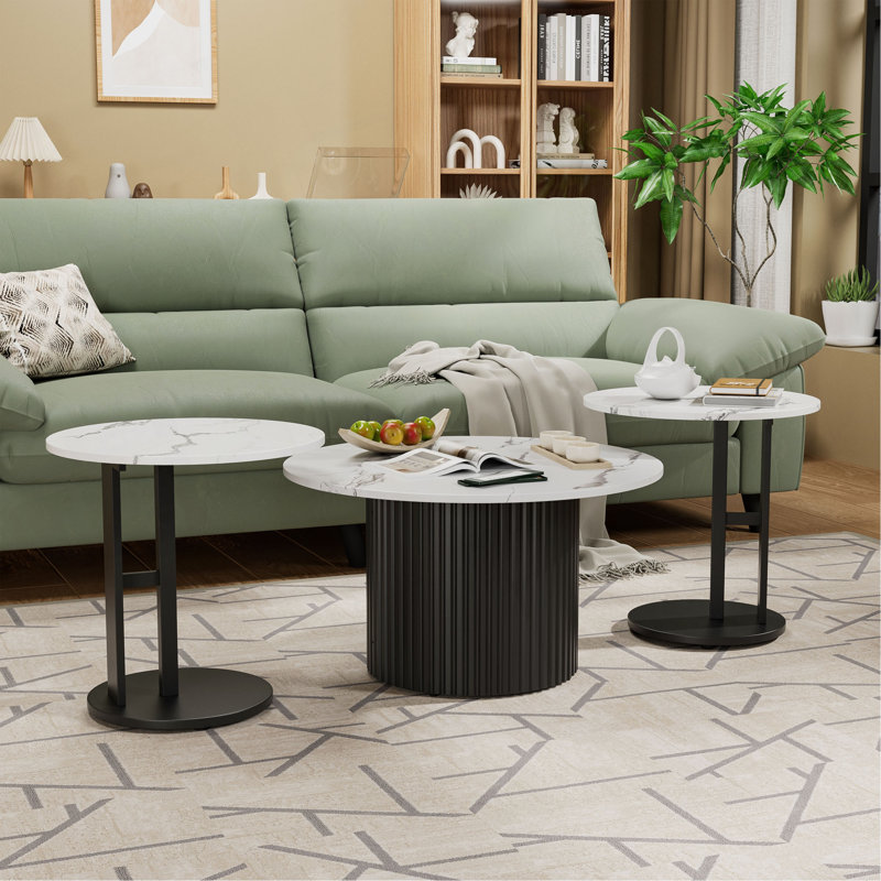Ensemble de 3 tables basses, tables basses gigognes modernes avec plateau en faux marbre et pieds en métal, tables basses et tables d'appoint rondes avec design nervuré pour le salon, petit appartement