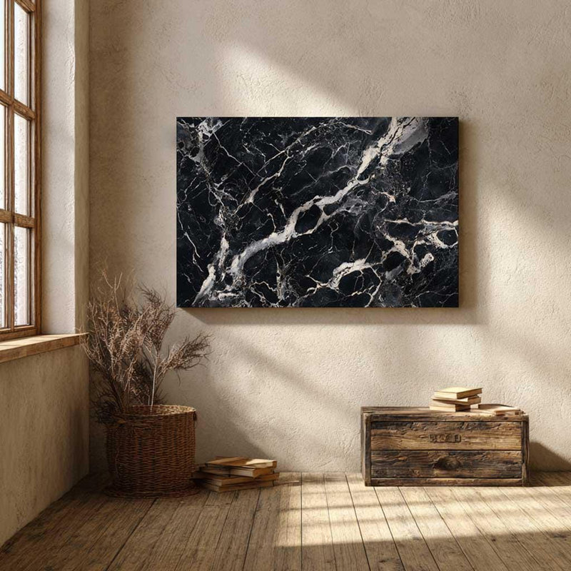 Art mural sur toile en marbre noir, impression de texture de pierre foncée - décor de granit de luxe moderne, peinture abstraite veinée pour bureau