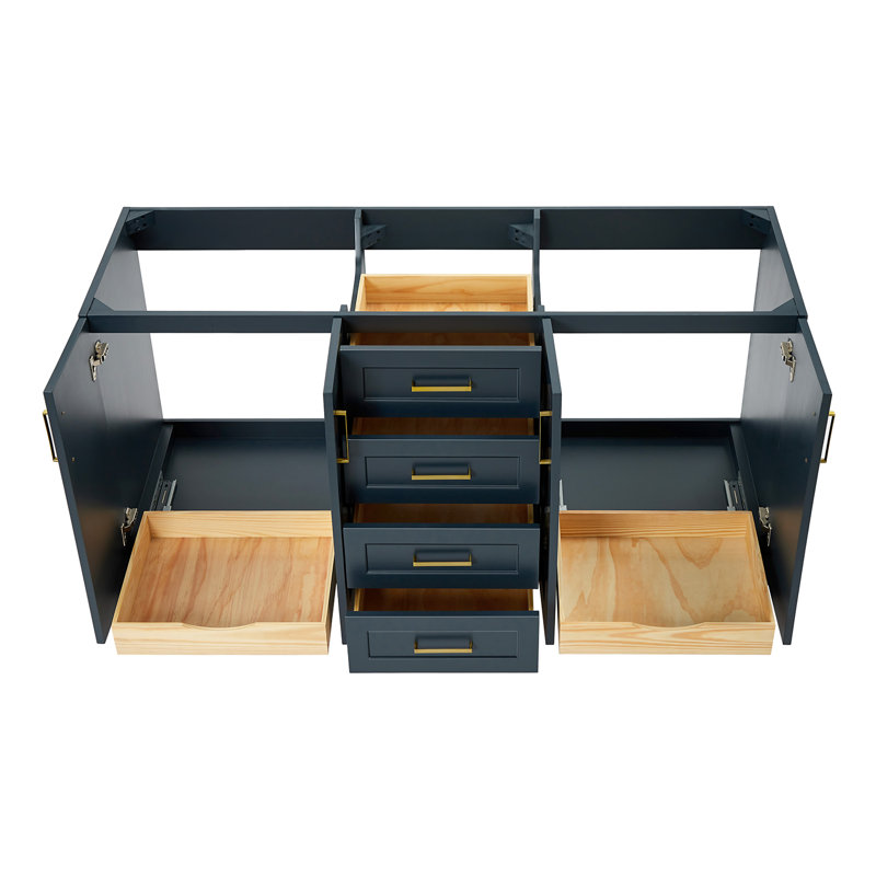 Meuble-lavabo double en bois massif Freitas, Bleu minuit