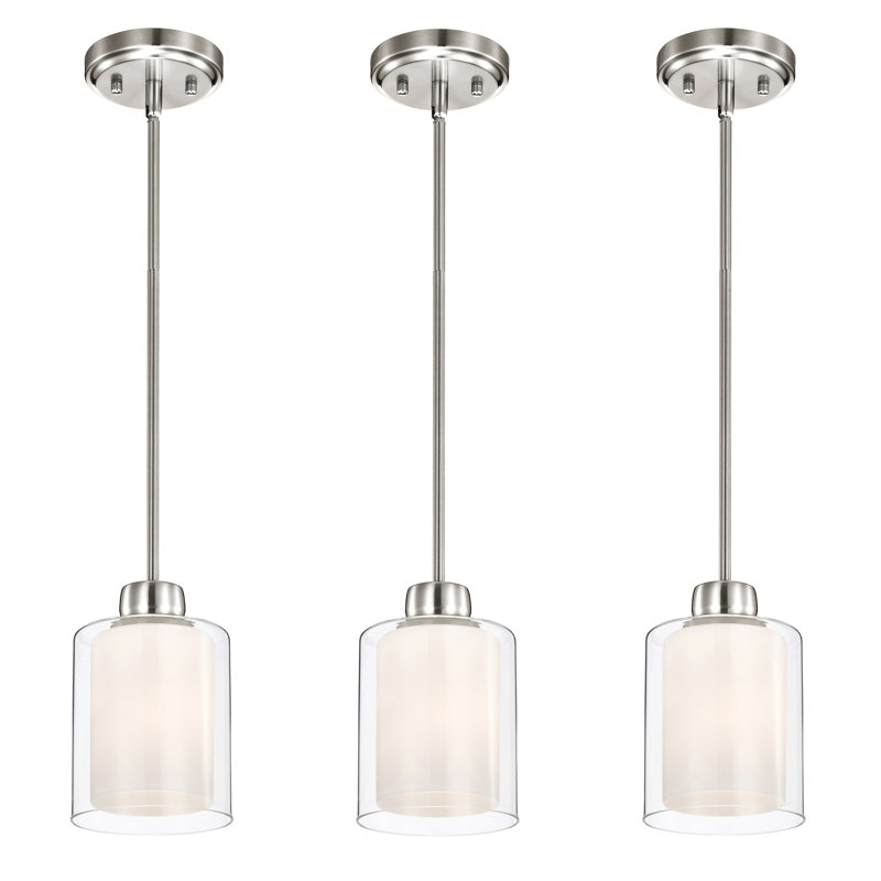 Mini-luminaire suspendu 1 lumière en verre transparent et abat-jour en verre blanc Nils, Nickel brossé