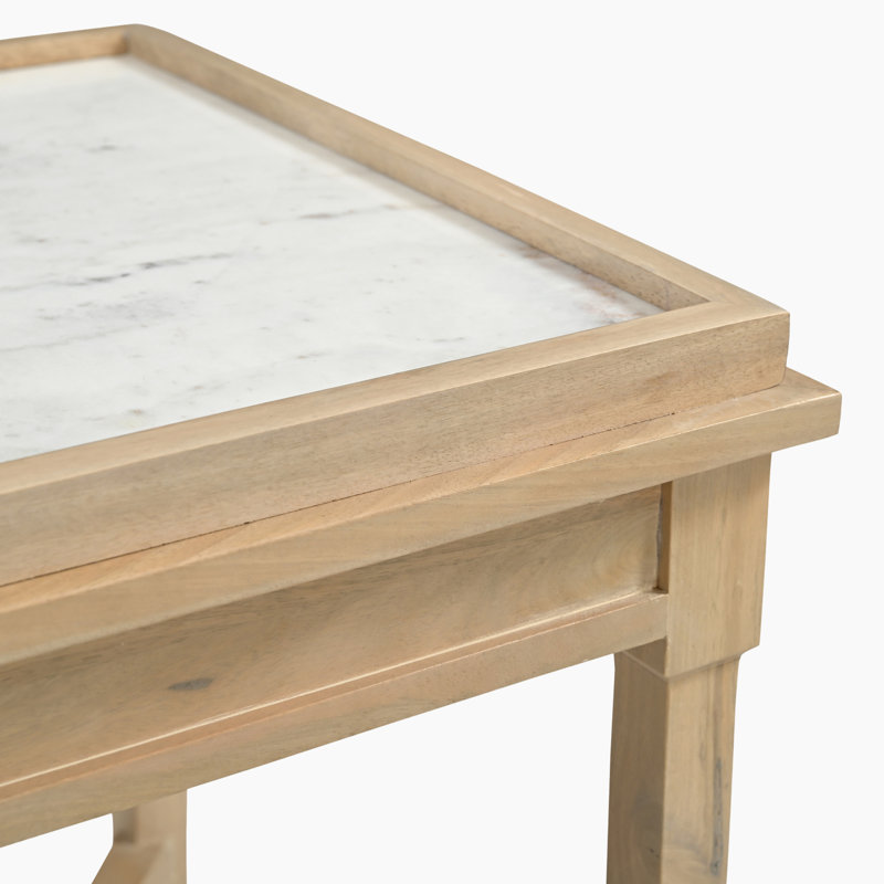 Pyreney Square White Oak Wood & Marble Bedside Table - Rustic Farmhouse Design 
