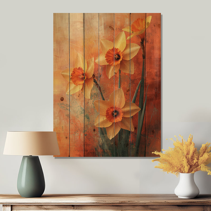 Éclat de jonquille dans les pastels impressionnistes II - jonquilles en bois, art mural - sur bois de pin naturel