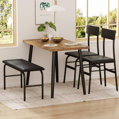4 Piece Dining Table Set for 4 with Upholstered Bench & 2 Chairs, Space-Saving Kitchen Set