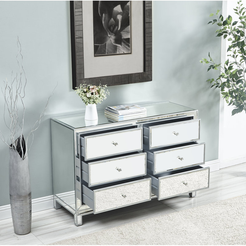 Fairgrove 48" W Solid and Manufactured Wood Mirrored 6-Drawer Dresser, Antique Silver