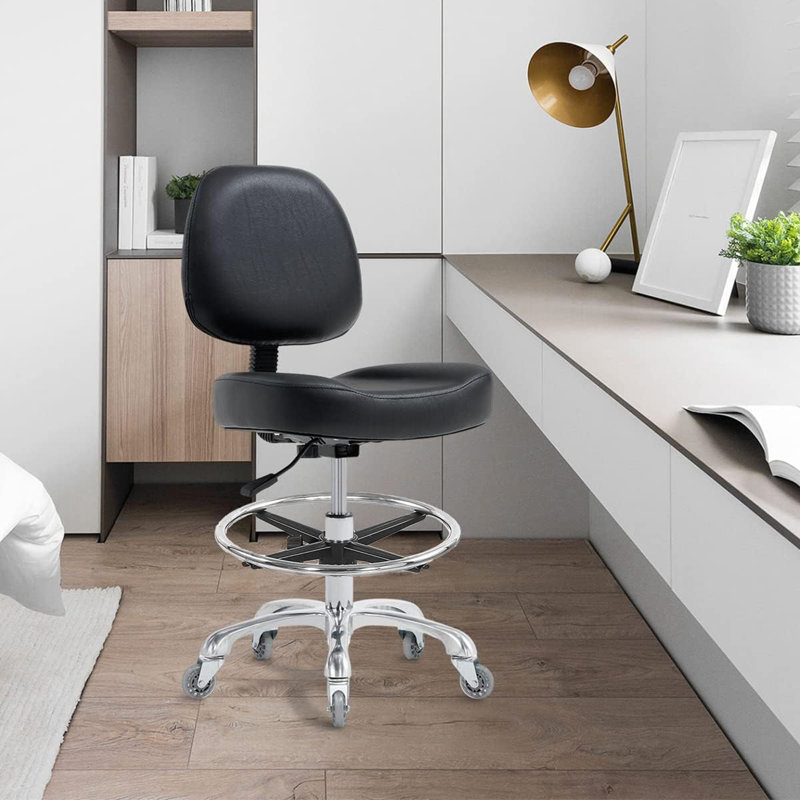 Black Drafting Chair - Tall Office Chair For Standing Desks With Backrest, Foot Rest & Wheels (Counter Height Stool For Studio/Workbench/Esthetician Use)