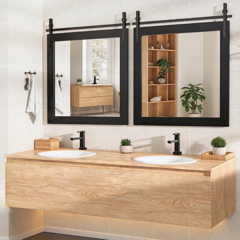 Miroir de salle de bain Farmhouse avec cadre en bois rustique, 31 po x 31 po