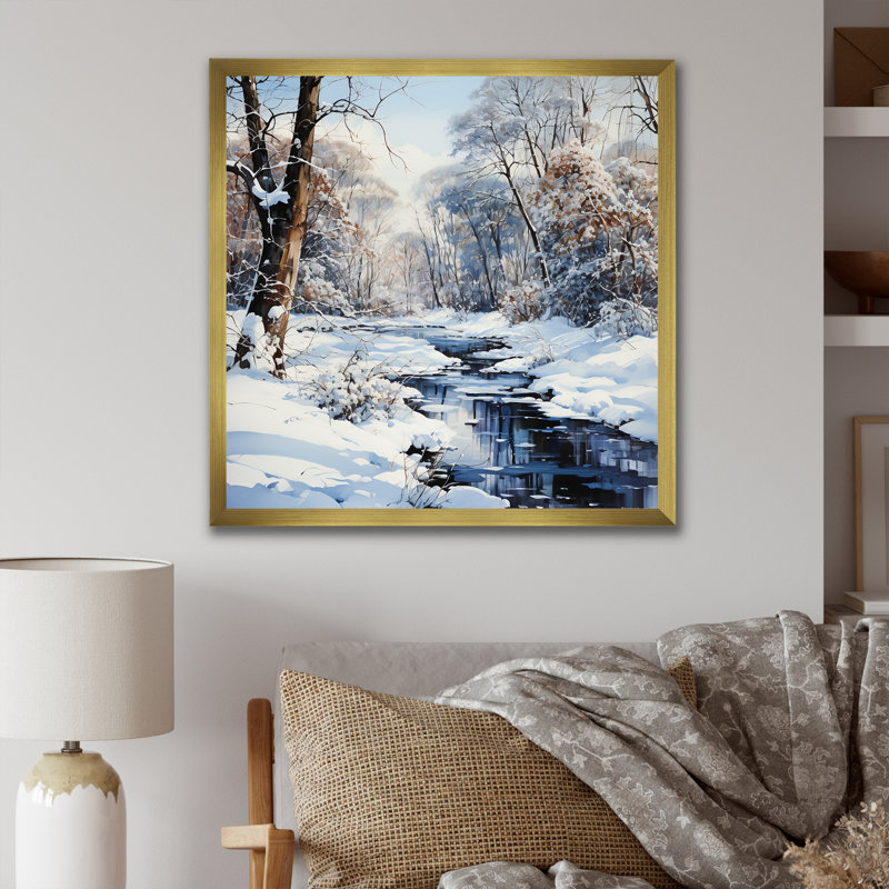 Snow River Winter Scenery, reproduction d'art sur toile, Cadre doré simple, H 24 po x l 24 po x P 1 po
