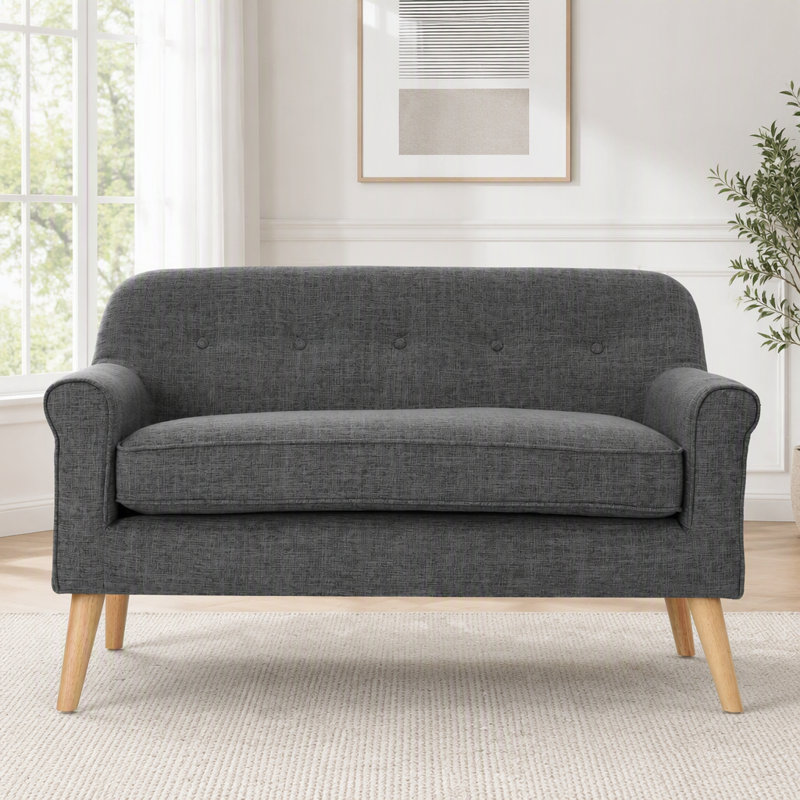 Causeuse Mid-Century avec dossier capitonné, Tissu gris