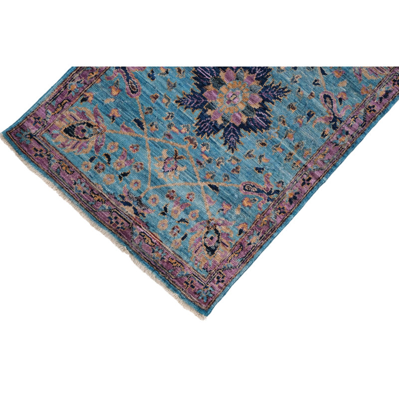 Tapis bleu et mauve de haute qualité noué à la main