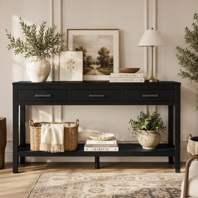 Farmhouse Entryway Console Table with 3 Drawers and Bottom Shelf, Minimalist Sofa Table with Iron Handles for Living Room Hallway Bedroom Office