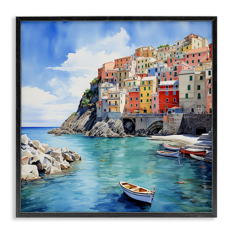 Cinque Terre Port par LSR Design Studio, Giclée encadrée noir minuit, H 24 po x l 24 po x P 1,5 po