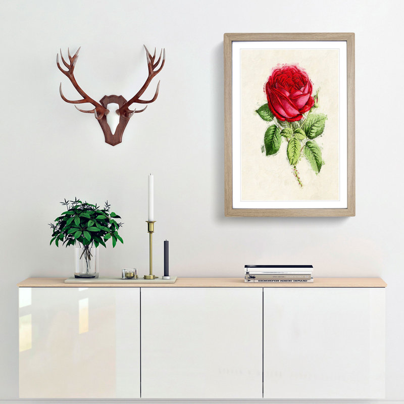 Illustration of a Red Rose - Picture Frame Painting Print, 36cm H x 27cm W x 2cm D, Oak Framed