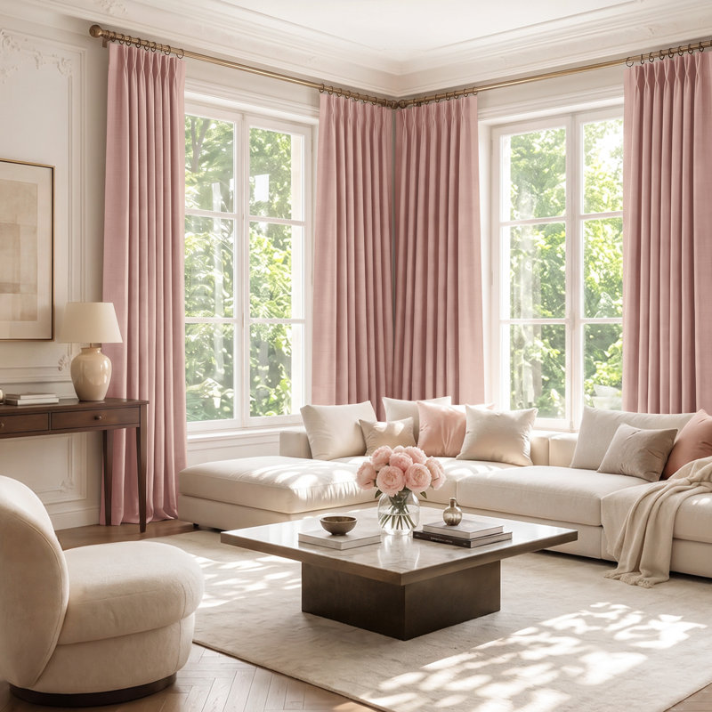 100% Blackout Curtains Polyester Faux Linen Fabric Pinch Pleated Draps With 20 Hooks Blackout Curtains For Bedroom/Living Room ( 2 Panels Set)