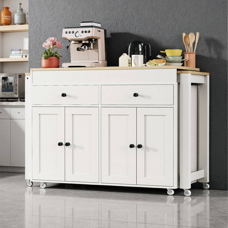 27" Pull-Out Dining Table, 4 Lockable Wheels, 2 Drawers + 4-Door Pantry, Spice Rack, 450 lb Top, Maple-Grain Finish, White
