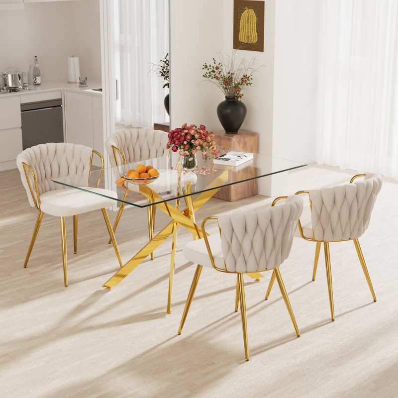 Ensemble de table de salle à manger Elegant, Beige, 5 pièces: table, 4 chaises, Doré