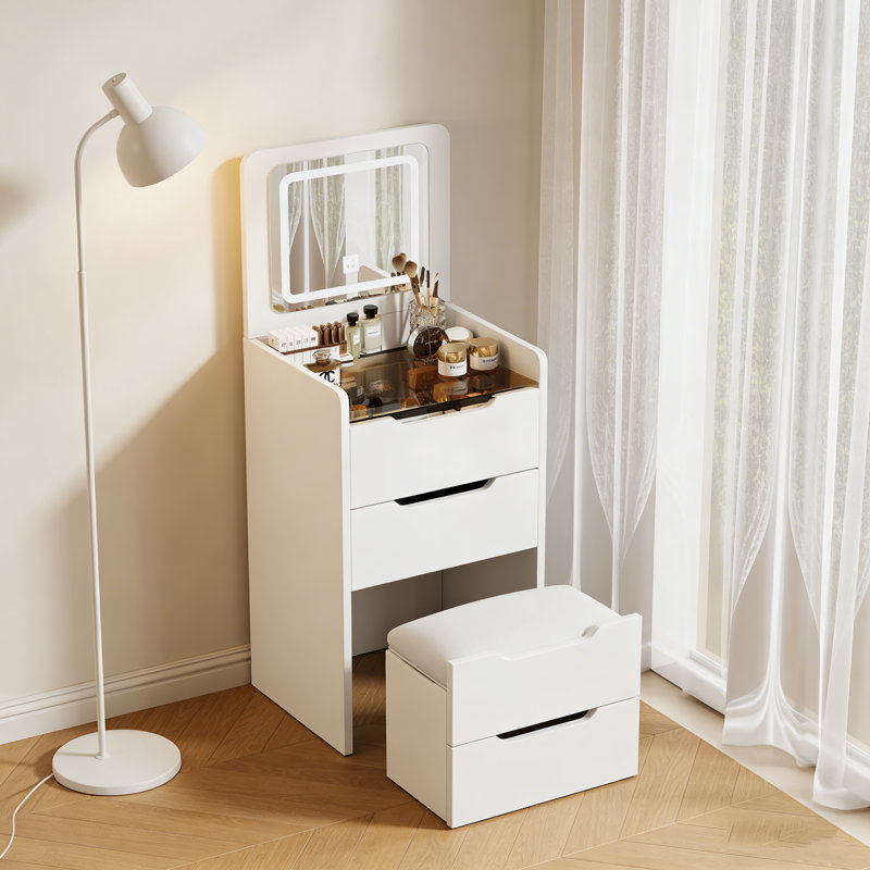 48CM 3-In-1 Vanity Desk With Flip-Top Mirror, Compact Makeup Vanity With Glass Desktop & 3 Drawers, Small Dressing Table For Bedroom & Small Space