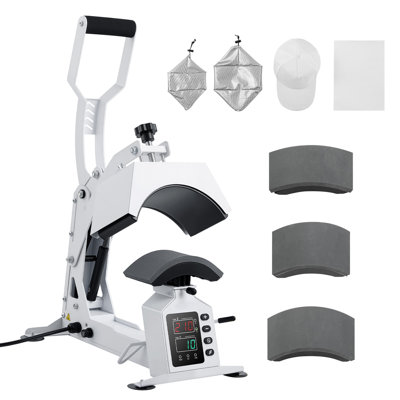 Machine à presser la chaleur Hat, avec 4 plateaux interchangeables et une tablette intermédiaire, contrôle précis de la température et du temps, presse à chaud pour les chapeaux et les capuchons, pour les projets de repassage et de sublimation HTV, blanc