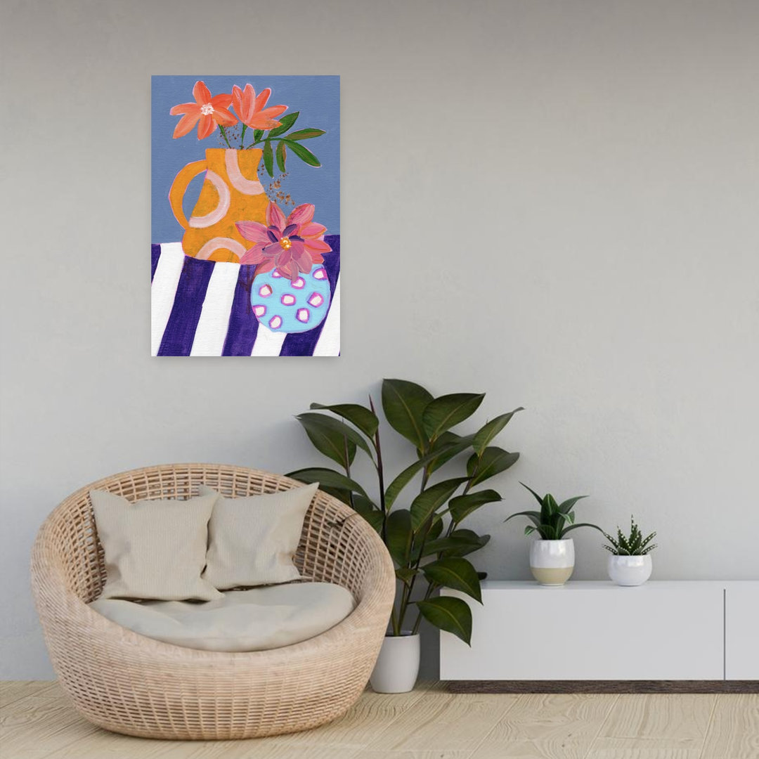 Vibrant Vases On Stripes Abstract Colorful Contemporary Flower Wall Art Print