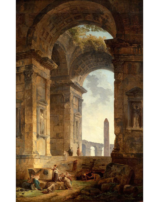 «Ruins with a Obelisk in the Distance» par Hubert Robert - Art mural sur toile tendue avec châssis