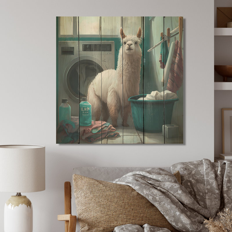 «Ingama Llama In Laundrey Room», reproduction sur bois sans cadre, H 24 po x l 24 po x P 1 po