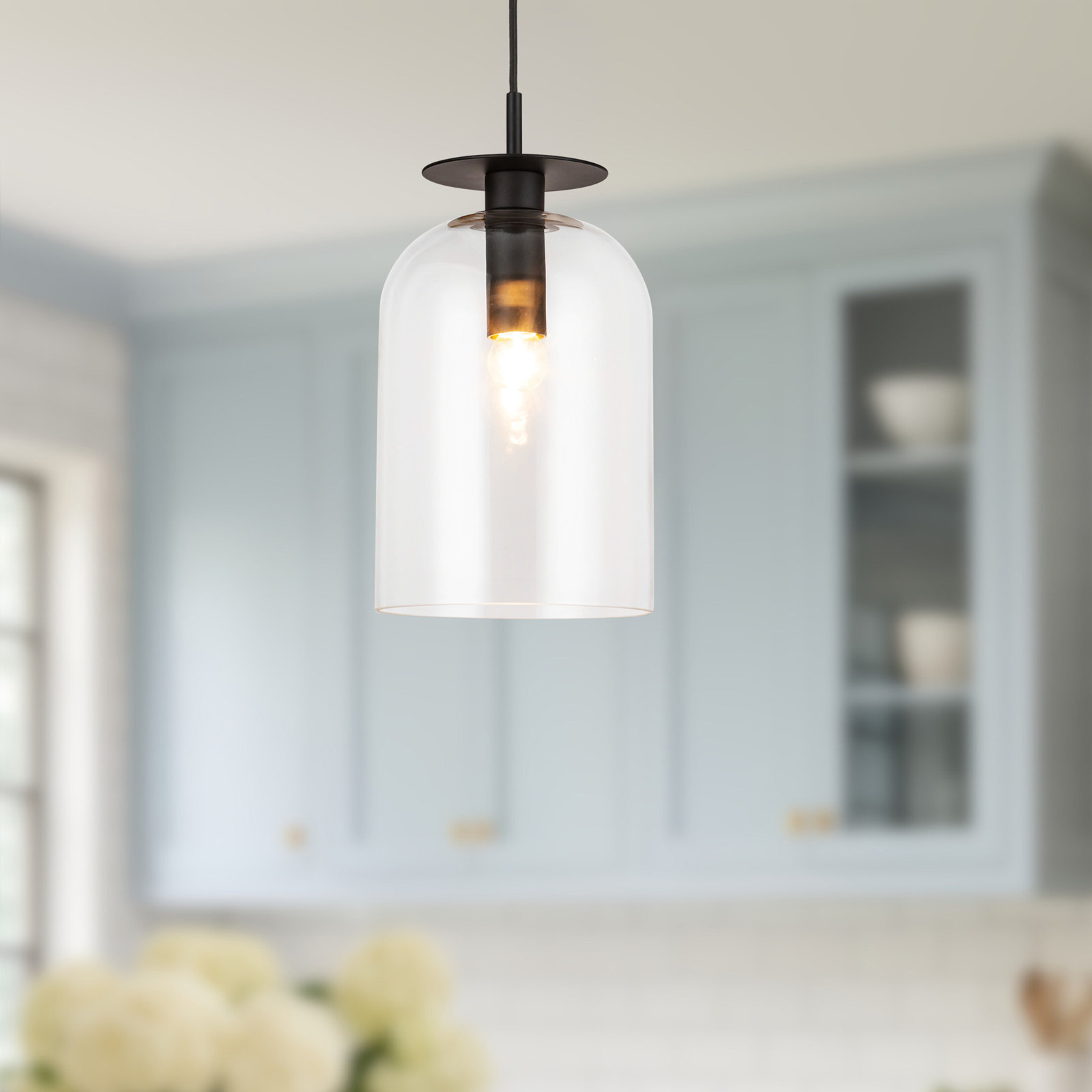 Delisa Single Light Glass Steel Pendant, Matte Black