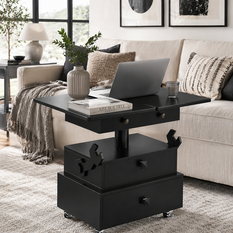 Table basse multifonctionnelle à plateau relevable avec station de charge et tiroirs de rangement, Noir