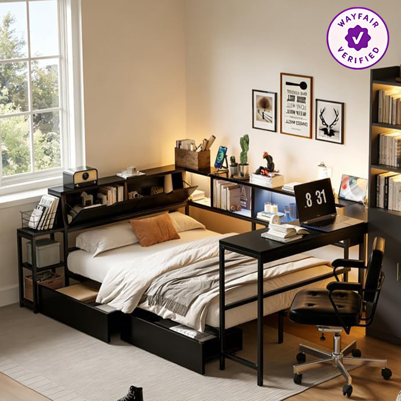 Structure de lit d'angle simple noir avec bibliothèque, éclairage à DEL, station de charge, tiroirs de rangement sous le lit, lit plateforme interchangeable gauche et droite, aucun sommier nécessaire pour la chambre à coucher