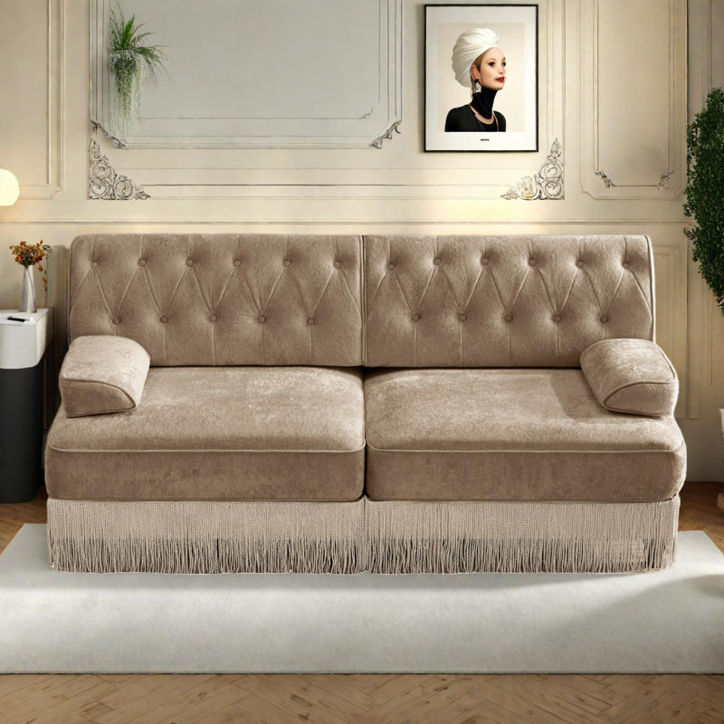 Canapé Chesterfield en velours doux avec motif touffeté et jupe à franges, Chameau