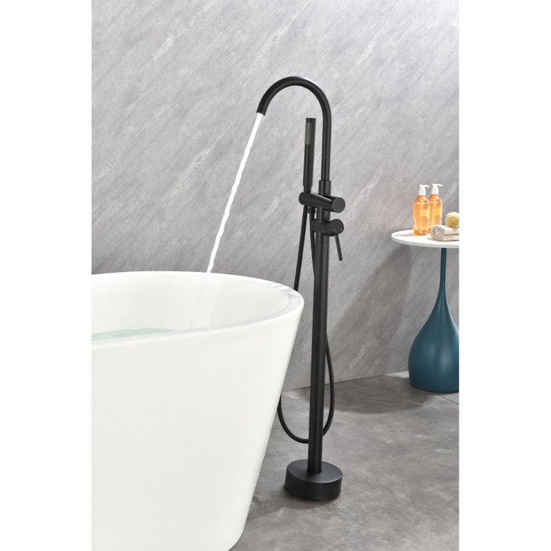Floor Mounted Tub Faucet High Flow Freestanding Tub Filler Faucet With Handheld Shower Head And Swivel Spout, Matte Black