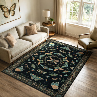 Insect & Floral Vintage Washable Butterfly Black Area Rug with Non Slip Backing For Living Room Bedroom Kids Room