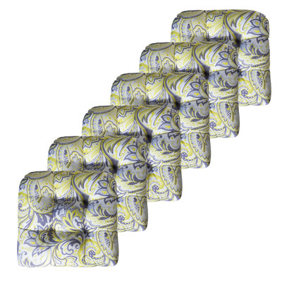 Coussin de siège de patio épais et confortable de qualité supérieure avec coussins à nouer touffetés et rembourrés de fibres, 19 x 19 x 4 pouces, coussins de chaise d'extérieur à imprimé texturé, paquet de 6, motif cachemire jaune