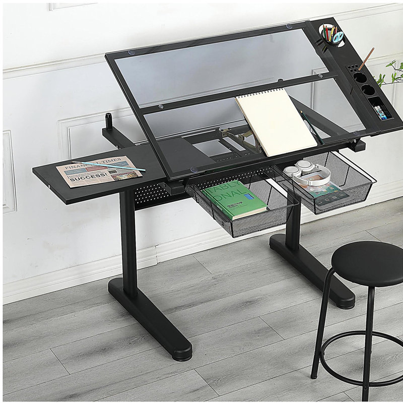 Table à dessin réglable à manivelle avec 2 tiroirs en métal (noir) et chaise