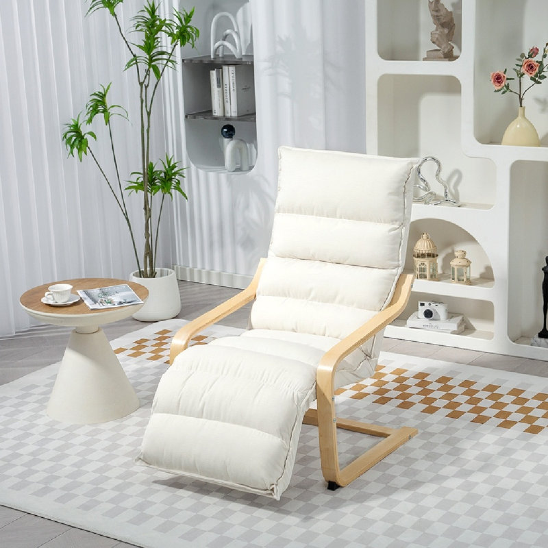 Curved Wooden Accent Chair, With Adjustable Footrest, Cream White