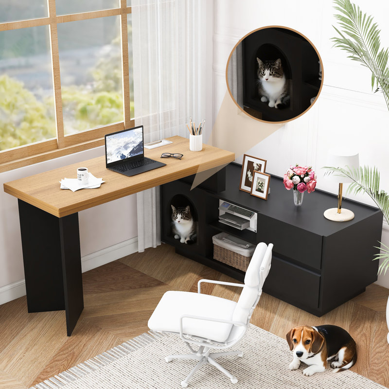 L-Shaped Writing Desk,  Black/Natural