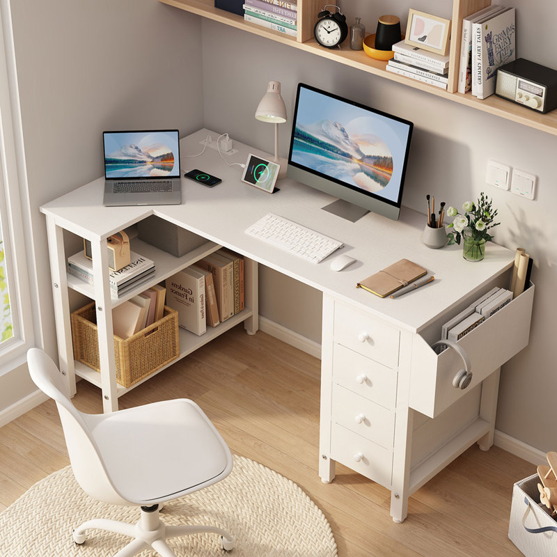 Cheshire Built-in Outlets L-Shaped Computer Desk with Drawers & Storage Shelves, White, 29.5" H x 47.2" W x 26.8" D