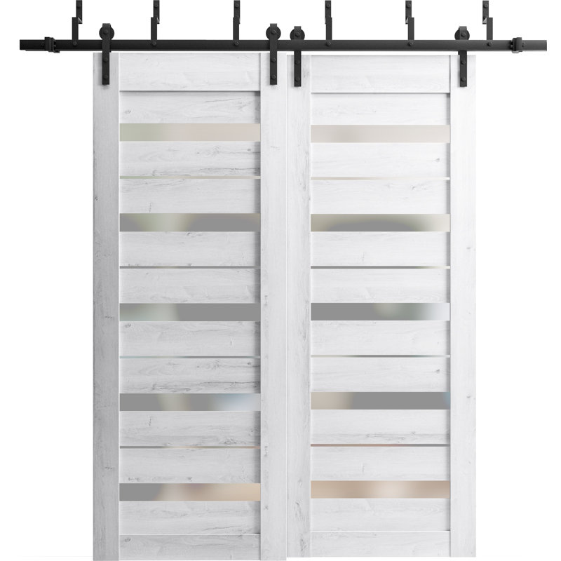 Portes coulissantes de style grange avec verre dépoli Quadro 4445 Blanc nordique, rails robustes de 2 m, ensemble de quincaillerie, portes de placard de chambre en bois massif - 163 x 244 cm (2 x 81 x 244 cm)