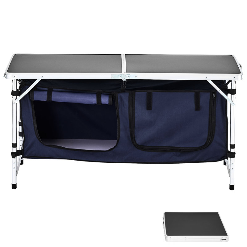Table de cuisine de camping réglable en hauteur (3 positions), structure en aluminium, bleue, idéale pour la cuisine à l'extérieur, compartiments à fermeture éclair, niveaux ajustables, pliage rapide, structure renforcée en X