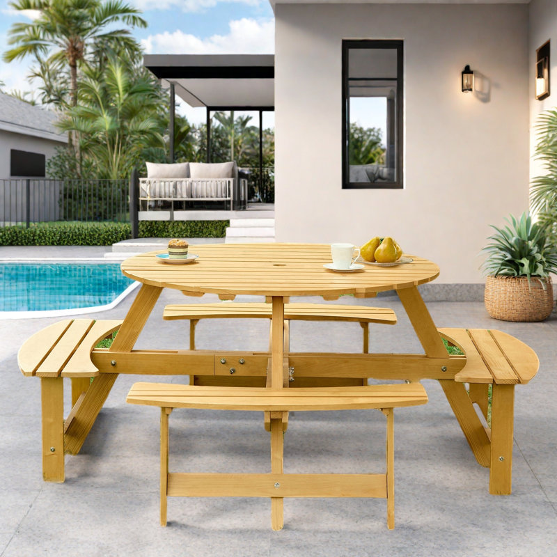 Picnic Table Outdoor 8-person Picnic Table With 4 Built-in Benches And Umbrella Hole, Yellow