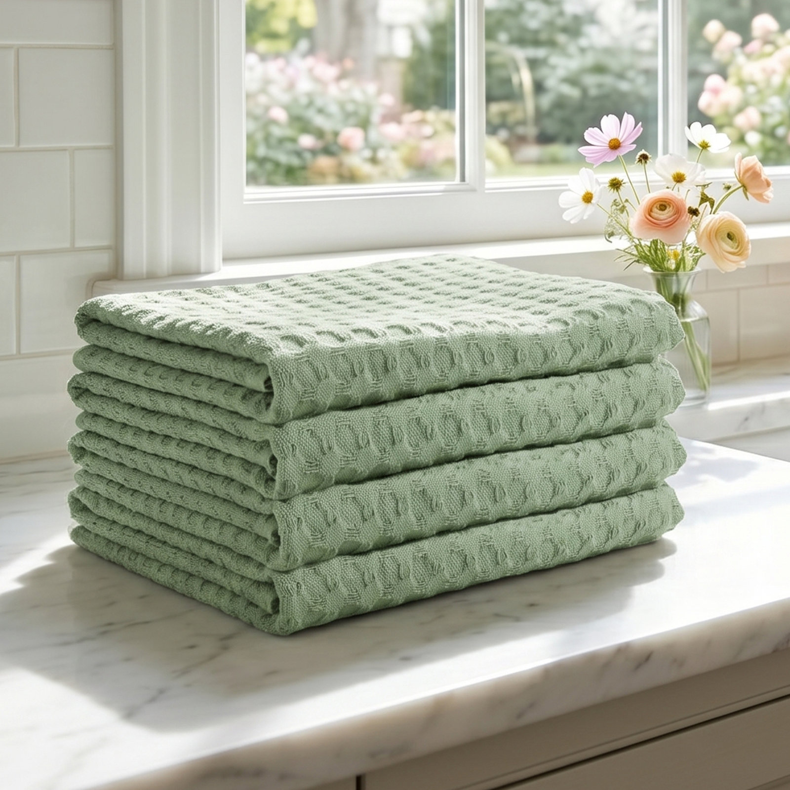 Estero Cotton Waffle Dish Cloth Kitchen Towel, Mineral Green