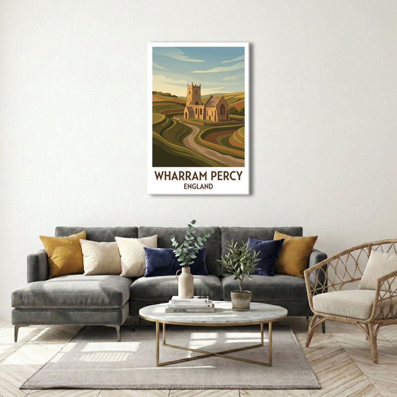 Wharram Percy, England - Deserted Medieval Village Travel Poster, Yorkshire Wolds Ruins And Romantic Hills. Giclee Print On Wrapped Canvas. Wall Art, Home Decor - Historic Sites & Ruins, England - Wrapped Canvas Print