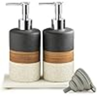 Ensemble de 2 distributeurs de savon en céramique, comprenant une pompe en acier inoxydable, un entonnoir en silicone et un plateau à diatomées, un savon à main, un savon à vaisselle, un shampooing et un conditionneur pour salle de bain et salle de b
