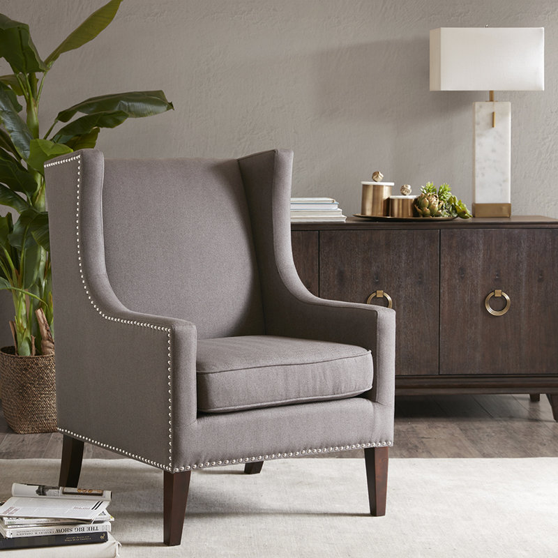 Fauteuil très confortable, gris foncé, base en bois massif, revêtement gris, 34 po Largeur du colis
