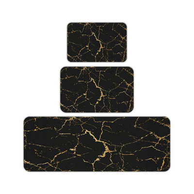 Tapis de cuisine en marbre noir et doré craquelé 3 pièces, élégant espace de travail pour la cuisine