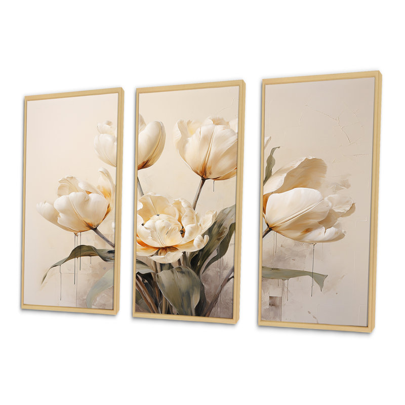Ensemble de toiles beiges embellies Symphony III - Tulipes, Cadre naturel flottant, H 32 po x l 48 po x P 1 po